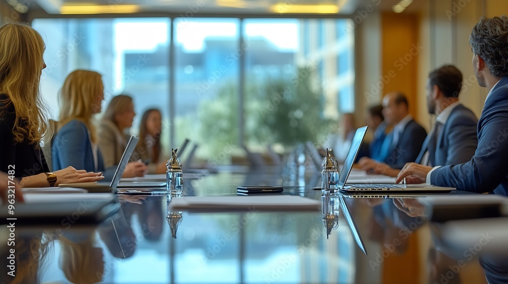 Poster multicultural business team meeting around office boardroom table with laptops discussing documents 