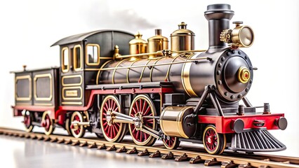 Fototapeta premium model, realism, mechanical, steam power, steam engine, toy collection, nostalgic, A close up view of an isolated toy train with a steam engine locomotive in forced perspective