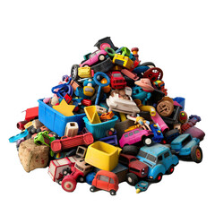 Pile of discarded toys, for depicting childhood memories or the passage of time, isolated on transparent background PNG