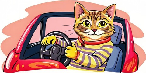 Happy tabby cat is joyfully driving a red car, holding the steering wheel with a big smile on its face
