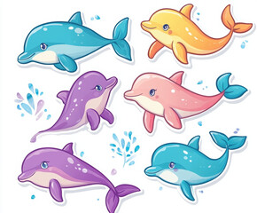 Obraz premium dolphins marine life ocean sea animals aquatic stickers cartoon illustration cute dolphins playful dolphins pink dolphins blue dolphins dolphin family underwater 