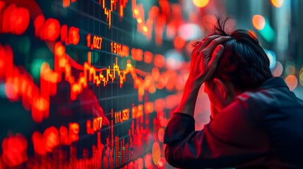 trader holding his head against the background of red graphs of the stock exchange collapse