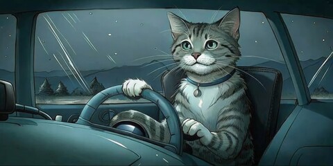 Grey tabby cat driving a vintage car at night on a mountain road