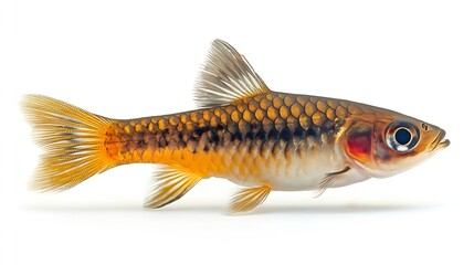 Fototapeta premium Stream barilius fish on isolated white background Barilius koratensisis freshwater ornamental fish habitat stream on mountain : Generative AI