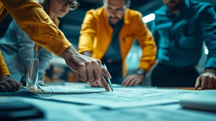 Obraz premium A multicultural group of engineers pointing at plans and blueprints at meeting room on a briefing : Generative AI