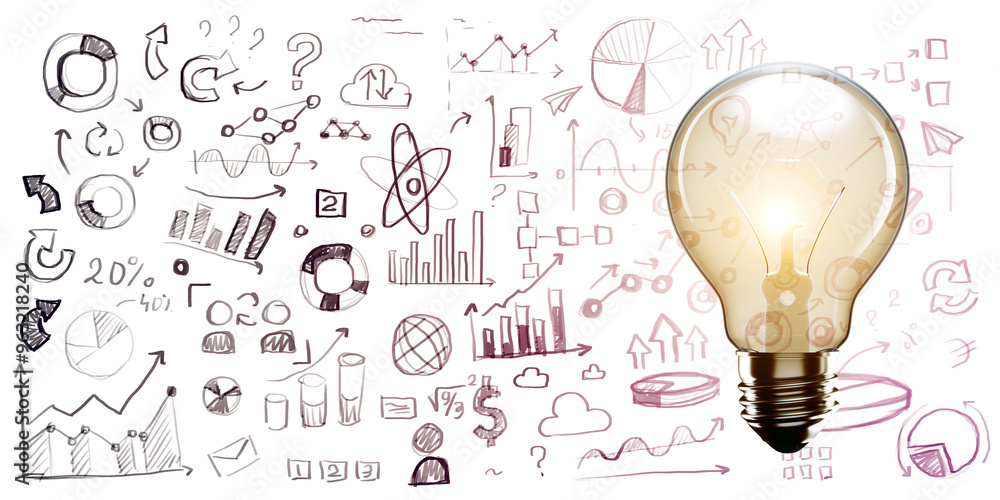 Aufkleber lightbulb with business strategy sketches on white background. 3d rendering