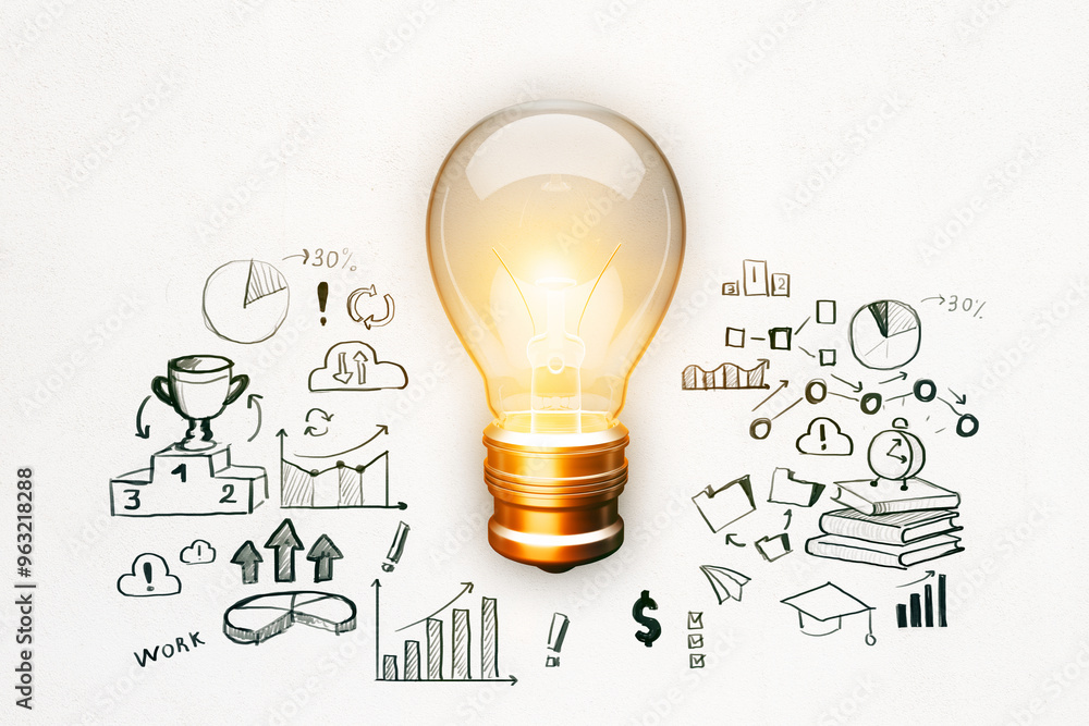 Aufkleber illuminated light bulb with business concept sketches on a white wall. 3d rendering