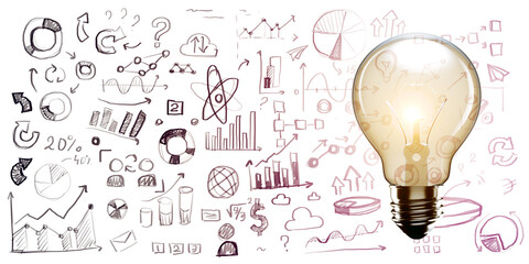 Lightbulb with Business Strategy Sketches on White Background. 3D Rendering