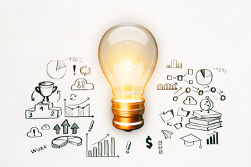 Illuminated Light Bulb with Business Concept Sketches on a White Wall. 3D Rendering