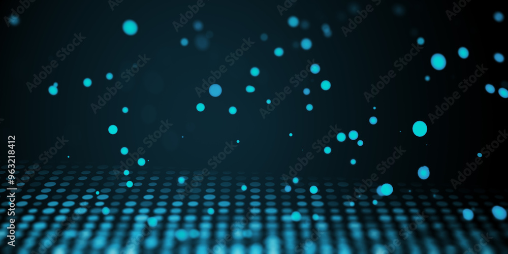Poster abstract blue and black digital dots on dark background. 3d rendering