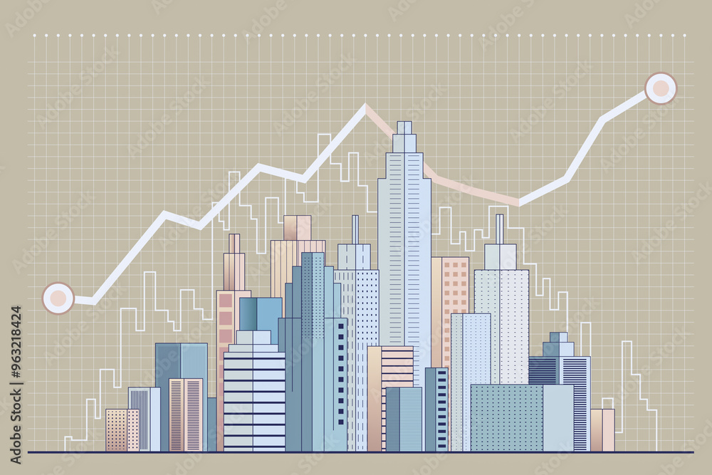 Poster City skyline with data stats and growth chart in a 3D illustration. 3D Rendering