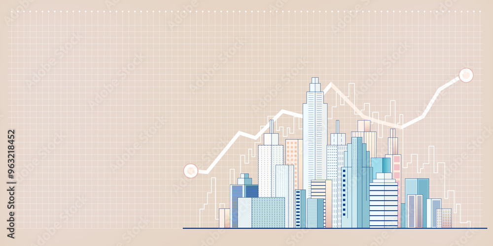 Poster city skyline with economic growth graph on plain background. 3d rendering