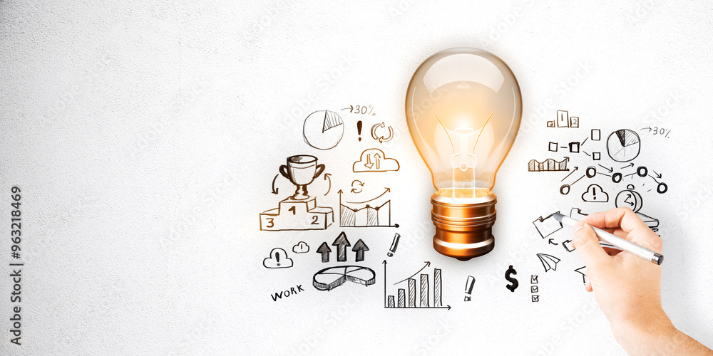 Poster hand drawing business strategy sketches with a glowing lightbulb on a white background.