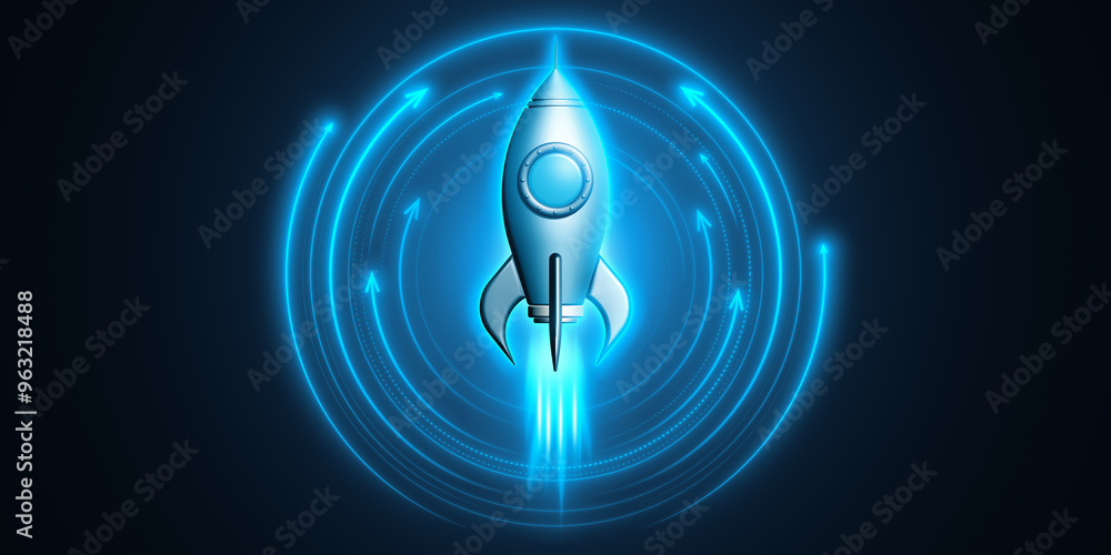 Poster Neon blue rocket launching with circular arrows on dark background. 3D Rendering