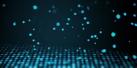 Abstract blue and black digital dots on dark background. 3D Rendering