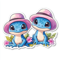 Fototapeta premium frog cartoon cute animal illustration blue nature flowers summer hat kawaii character friendship tropical sticker playful vibrant exotic art design duo pets wildlife fun couple 