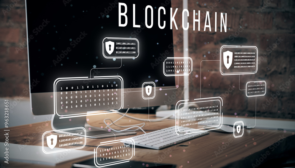 Poster Blockchain concept with holographic data protection elements on a computer screen.