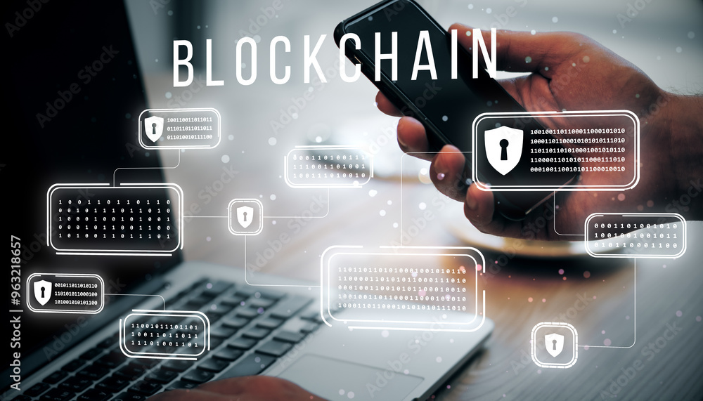 Poster blockchain technology concept with holographic data security icons on laptop and smartphone backgrou