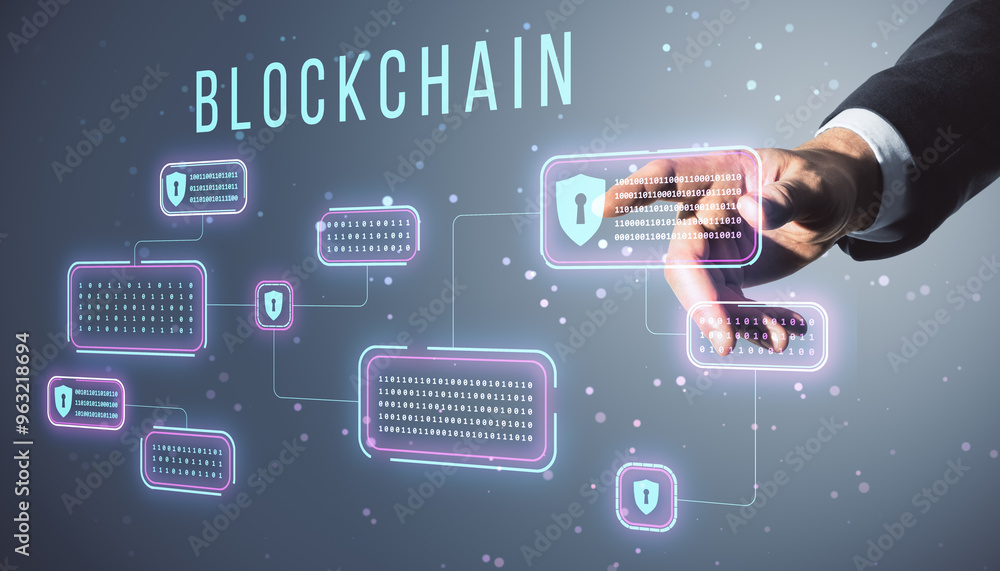 Aufkleber Hand interacting with blockchain hologram on a digital interface, highlighting data security concepts.