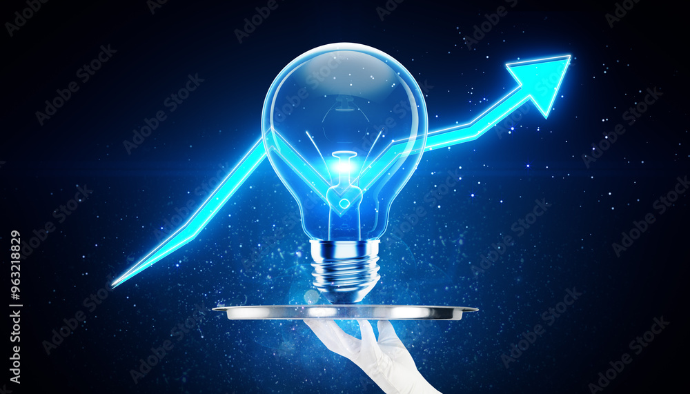 Poster illuminated lightbulb with upward arrow on a tray against a dark blue background, symbolizing growth