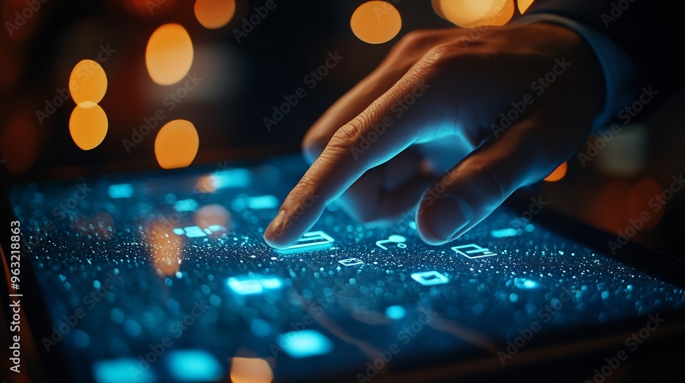 Poster close up businessman hand press on digital tablet screen to use ppc in affiliated program and seo fu