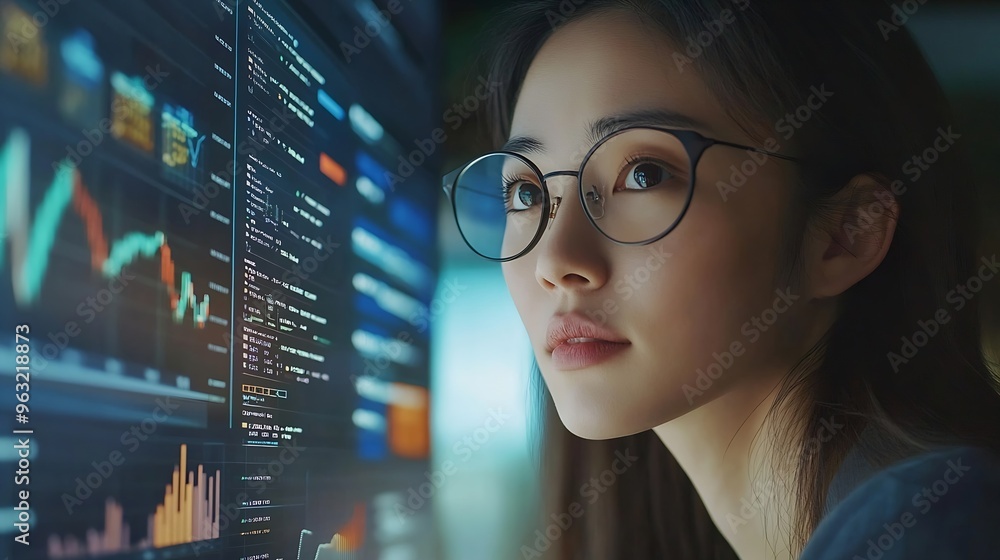 Poster Analyst woman working with information database to analyze marketing and sales data Business analytics dashboard with charts metrics and KPIs concept : Generative AI