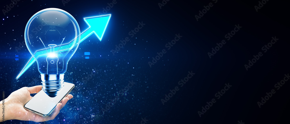 Poster lightbulb and upward arrow emerging from a smartphone on dark blue background.