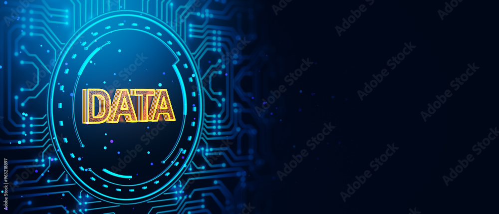 Poster Digital Data Symbol with Neon Circuit Background. 3D Rendering