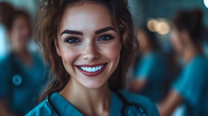 Fototapeta premium Happy people portrait or doctor with team in confidence for healthcare support or trust at hospital Group of medical employees with smile for health advice about us or emergency servic : Generative AI