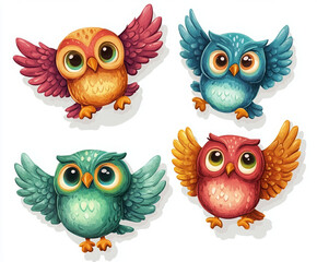 owl birds colorful cute cartoon flying animal illustration happy fantasy nature wildlife art whimsical vibrant character feathered fun cheerful creature graphic 