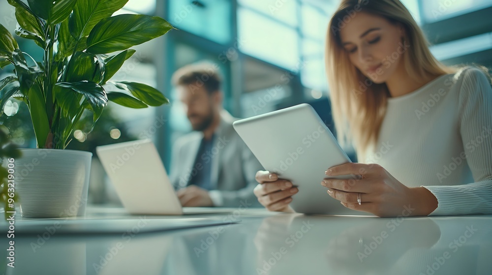 Aufkleber tablet meeting and partnership with business people working in an office as a team for research tech