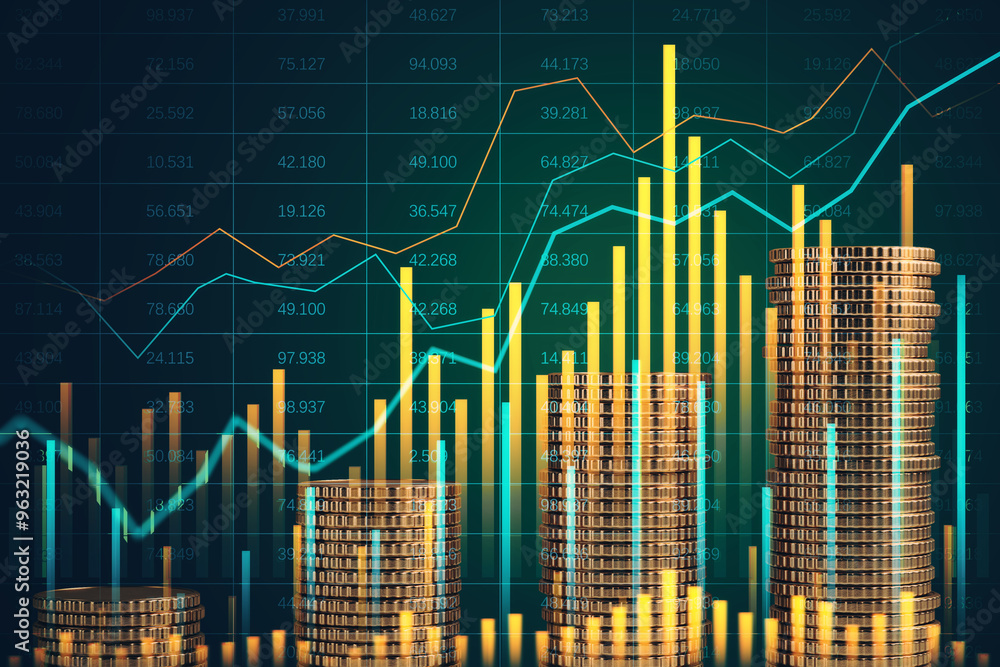 Poster Financial graph with coin stacks on green background. 3D Rendering