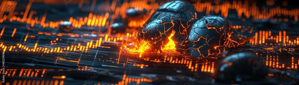 Poster futuristic abstract art showcasing glowing elements and intricate patterns on a dark surface, evokin