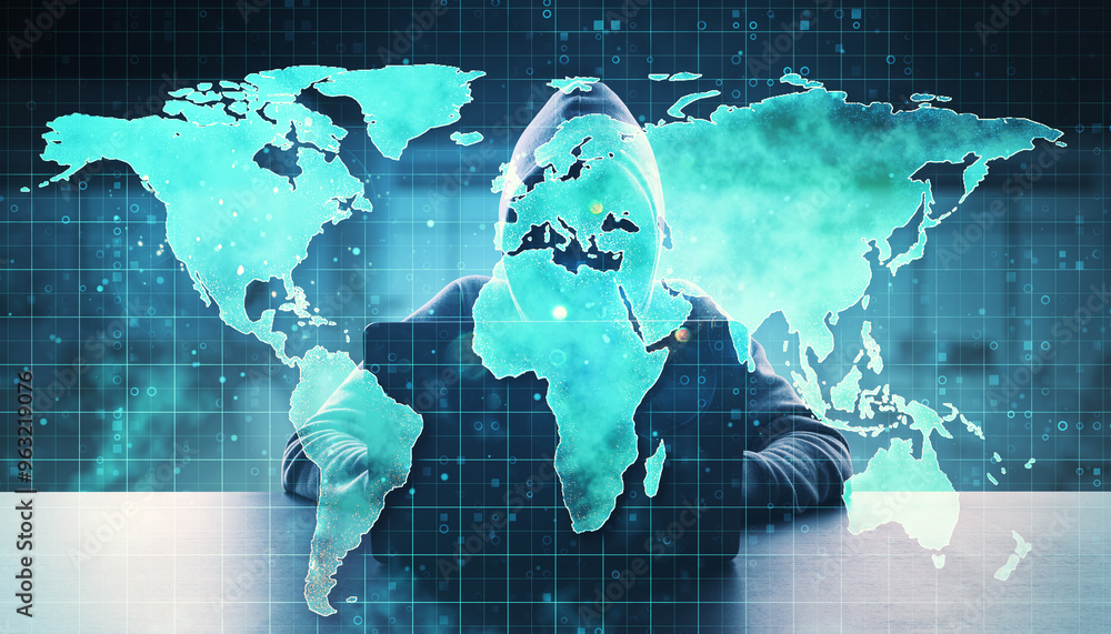 Aufkleber Cybersecurity concept with hacker behind a world map overlay.