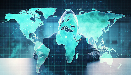 Cybersecurity concept with hacker behind a world map overlay.
