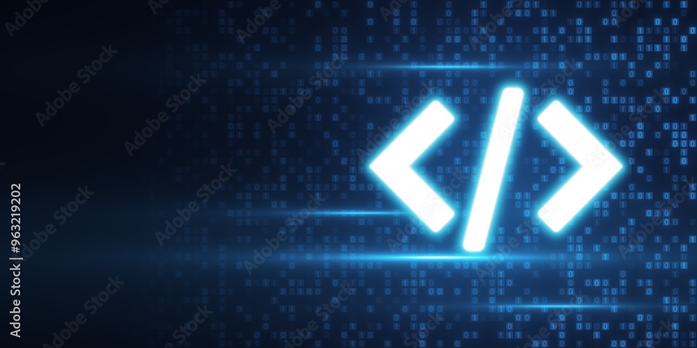 Leinwandbilder Glowing Coding Symbol on Digital Binary Background. 3D Rendering