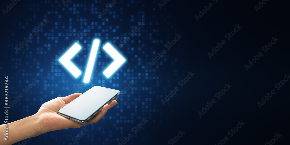 Poster Smartphone with Coding Icon Over Hand on Dark Digital Background.