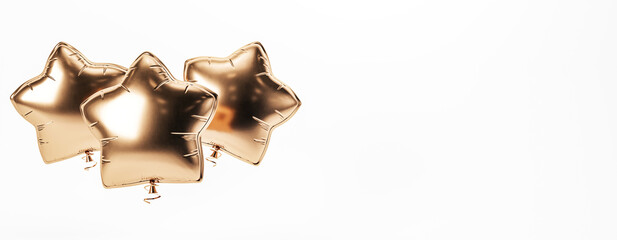 Three Golden Star-Shaped Balloons on White Background. 3D Rendering