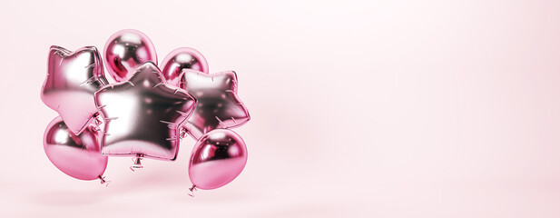 Pink and silver star-shaped and round balloons on a light pink background. 3D Rendering