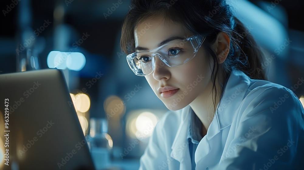 Poster woman scientist and research with laptop and tablet for results medical study or exam on new discove