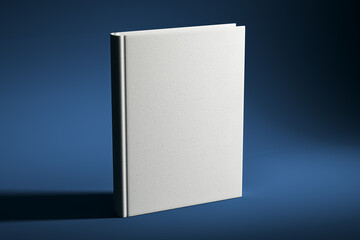 Blank white hardcover book mockup on blue background. 3D Rendering