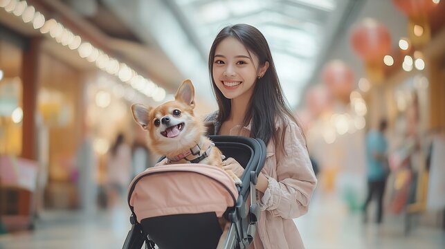 Asian woman push her chihuahua dog in pet stroller walking in pets friendly shopping mall Domestic dog and owner enjoy outdoor lifestyle travel city on summer vacation Pet Humanization : Generative AI