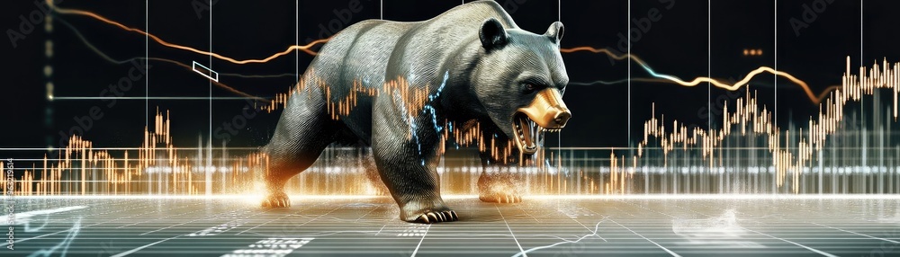 Poster dynamic representation of a bear symbolizing market decline against a backdrop of financial graphs a