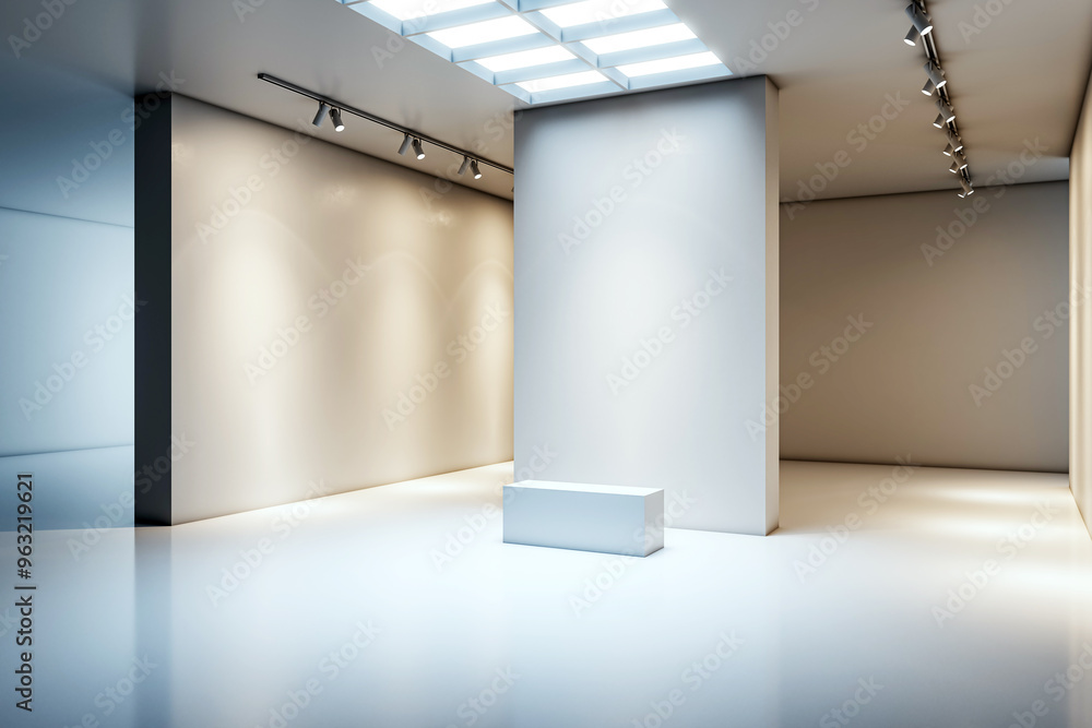 Poster empty modern art gallery interior with blank walls and white bench. 3d rendering