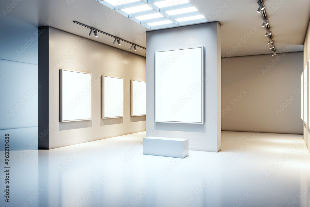 Poster modern gallery interior with blank frames for artwork display. 3d rendering