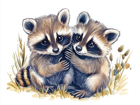 raccoons animals wildlife cute fur playful nature cartoon illustration couple friendship forest character art cuddly young baby animals adorable grass 