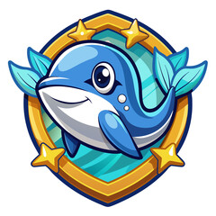 Cartoon Blue Dolphin with Golden Stars and Frame
