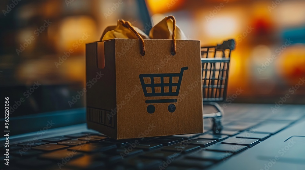 Poster shopping online cardboard box with a shopping cart logo in a trolley and paper bag on laptop keyboar