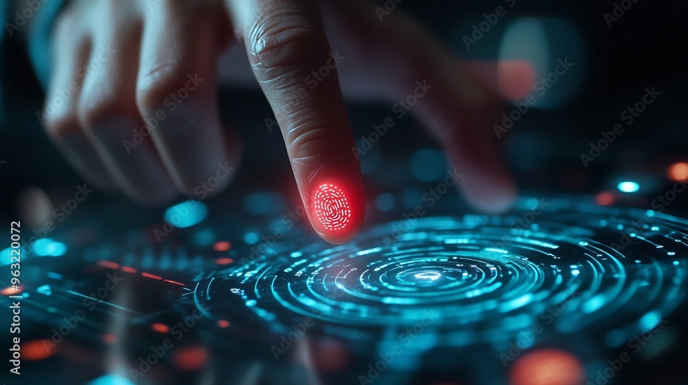 Aufkleber Businessman using fingerprint scanning to unlock and access business information network Biometric identity and cyber security concept protecting business transactions from online digi : Generative AI