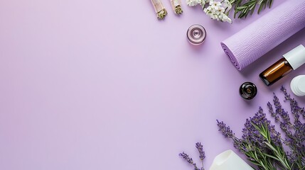 Lavender Spa Background with Yoga Mat  Essential Oils and Candles